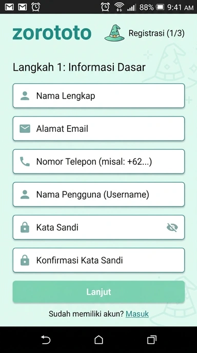 Tampilan halaman daftar zorototo