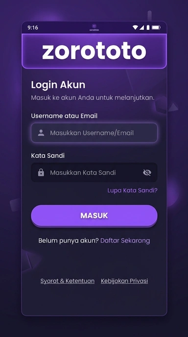 Tampilan halaman login zorototo